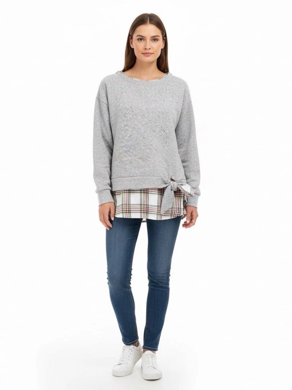 IZOD Women's Long Sleeve Tie-Front 2-Fer Sweatshirt Light Heather Gray Size M